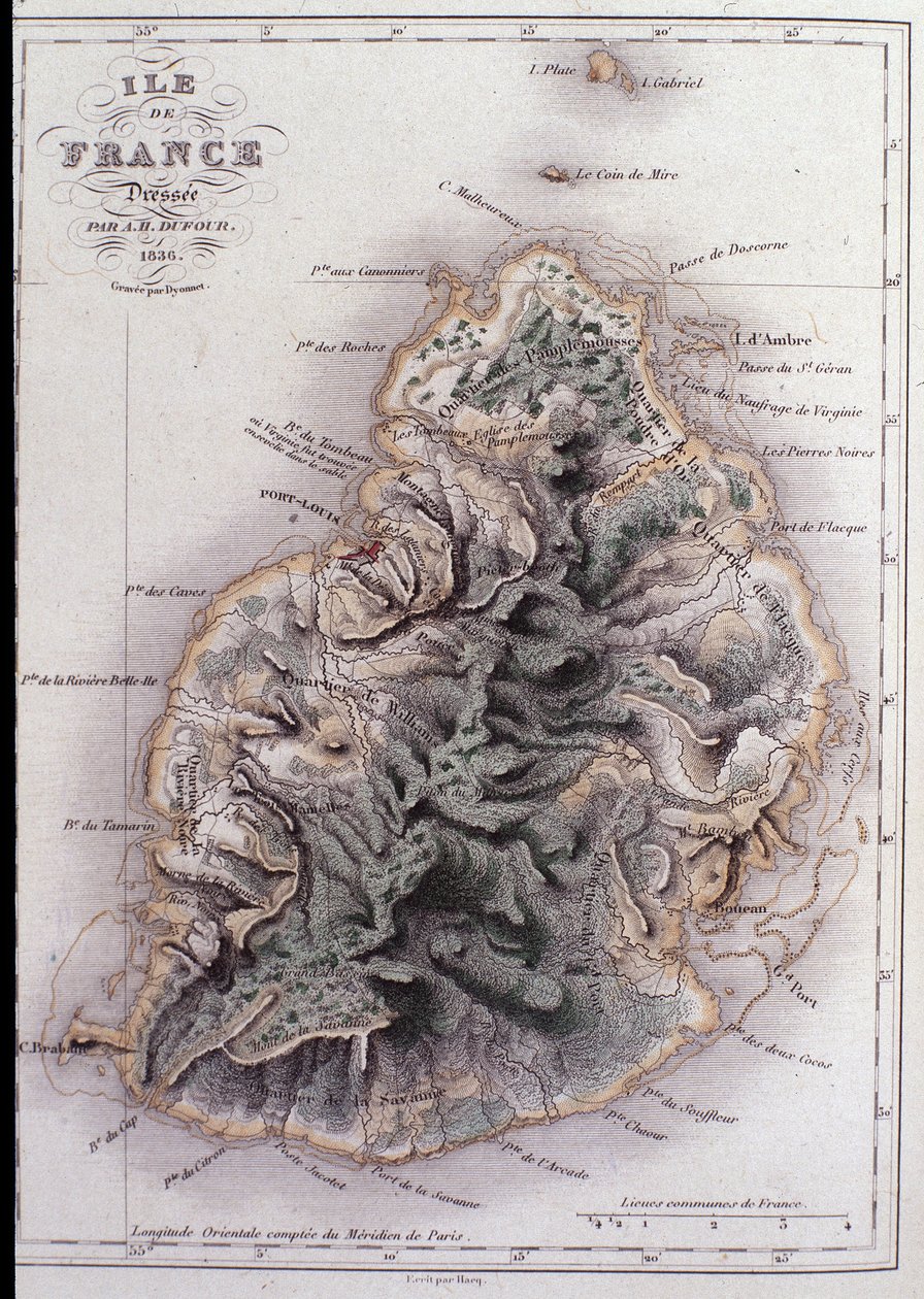 Zeměpisná mapa Mauricia (Anc. Ile de France) - rytina od French School