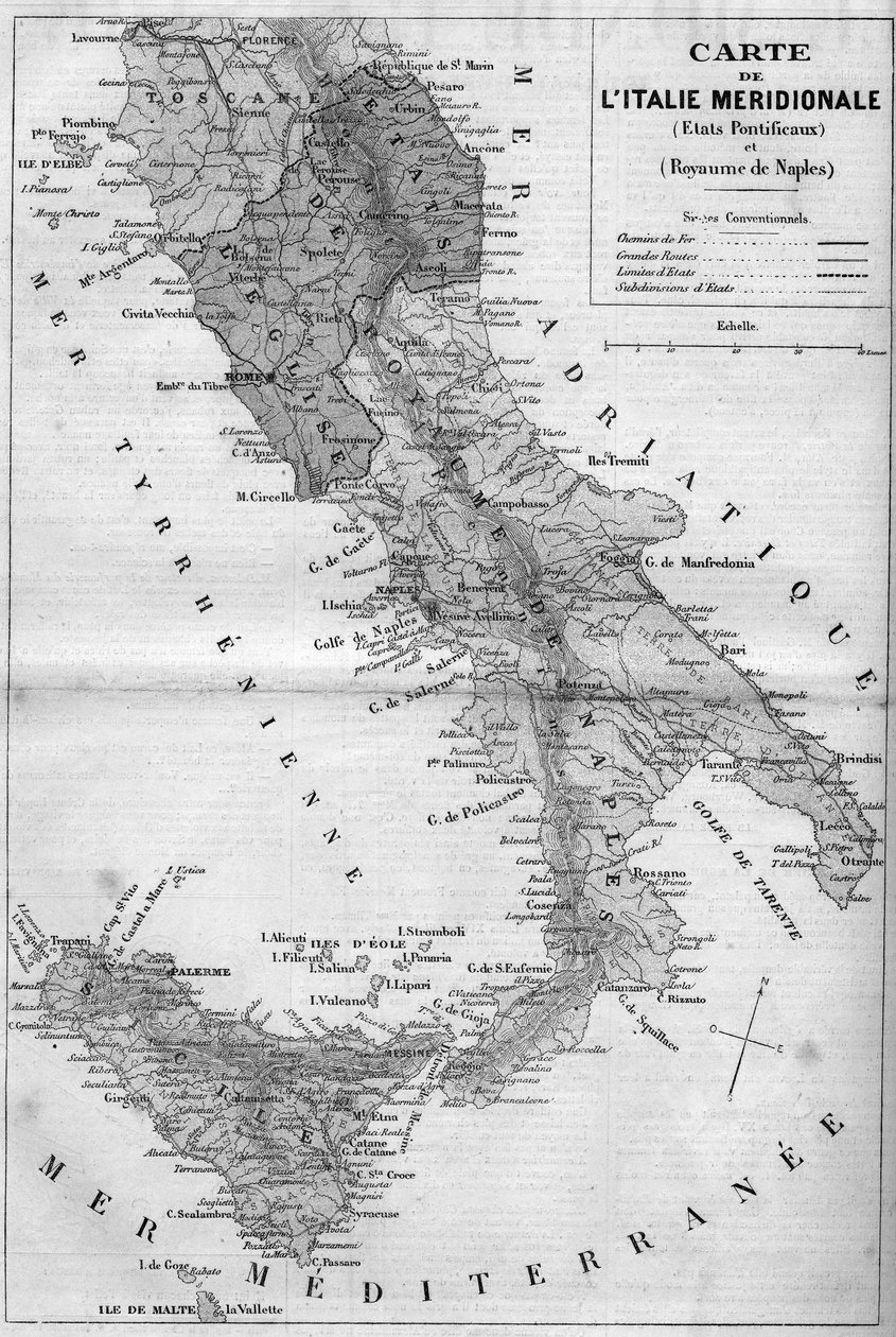 Zeměpisná mapa Meridional Itálie v roce 1860: Papežské státy a Neapolské království. Rytina v „“ Le Monde Illustré““ č. 163 z 26. května 1860. od French School