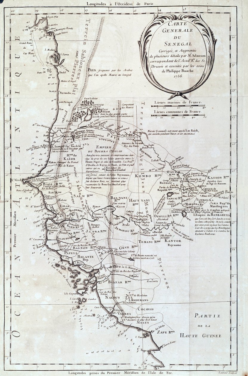 Zeměpisná mapa Senegalu z atlasu od Philippe Buache (1700-1773) 1756 Paříž, přírodovědné muzeum od French School
