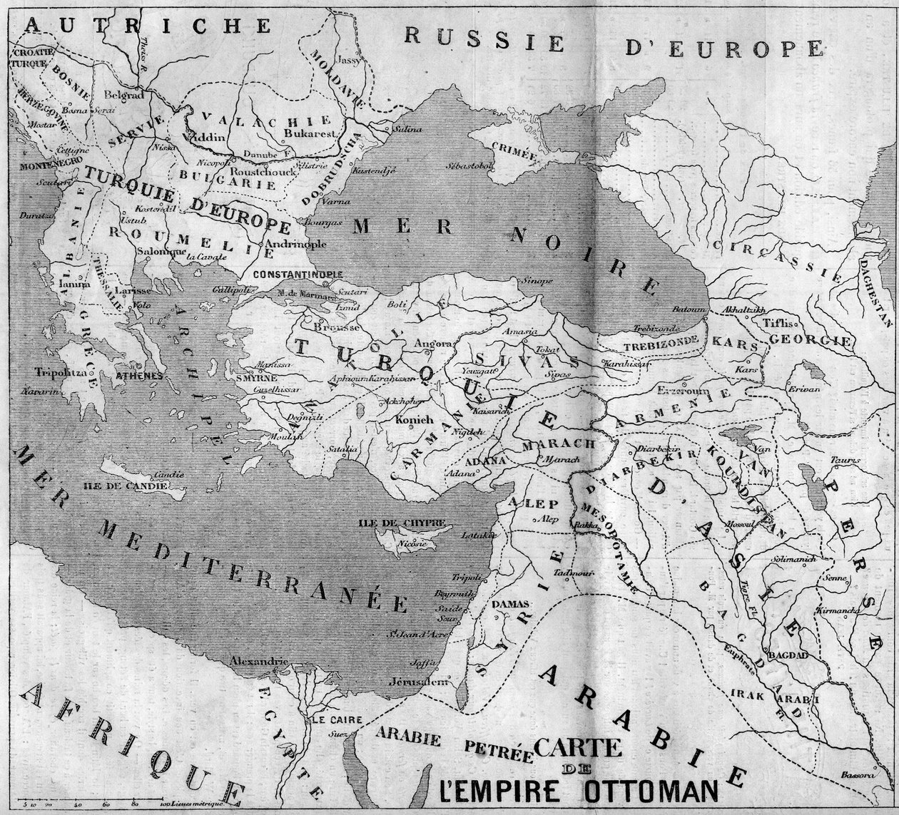 Zeměpisná mapa Osmanské říše v roce 1860. Rytina v „“ Le Monde Illustré““ č. 173 ze 4. srpna 1860. od French School