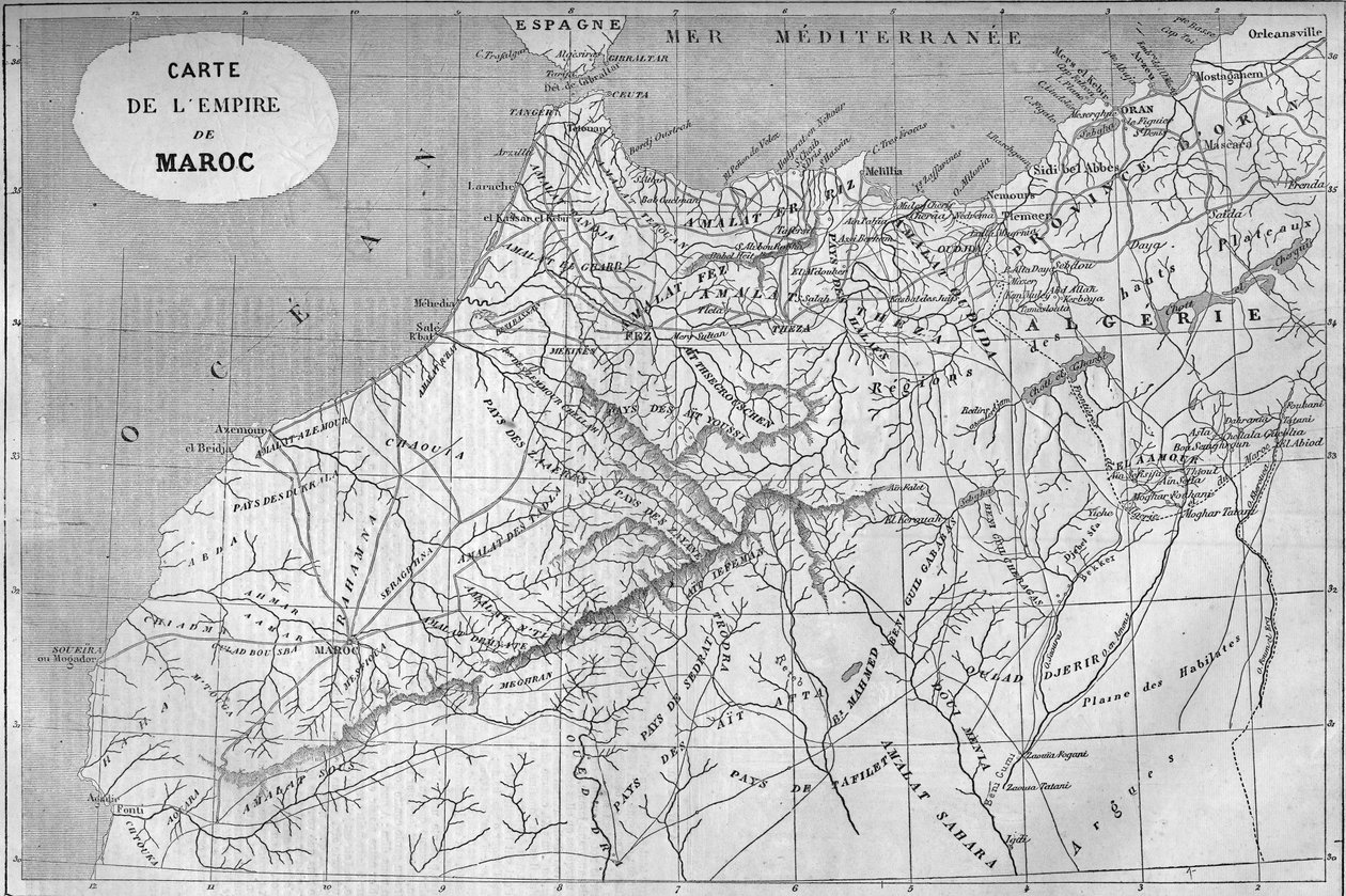 Zeměpisná mapa Marocké říše v roce 859. Rytina v „“ Le Monde Illustré““ č. 129 z 1. října 1859. od French School