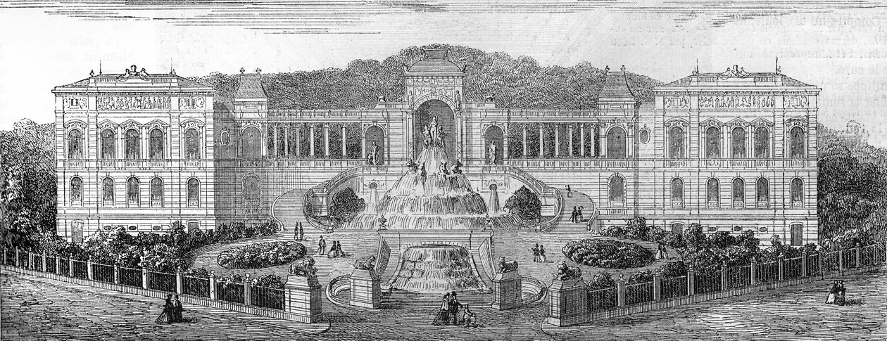 Geometrický pohled na Palais de Longchamp v Marseille, Bouches du Rhone (13), postavený v roce 1862 Henri Jacques Esperandieu (1829-1874). Rytina do „“ The Illustrated World““ č. 681 z 30. dubna od French School