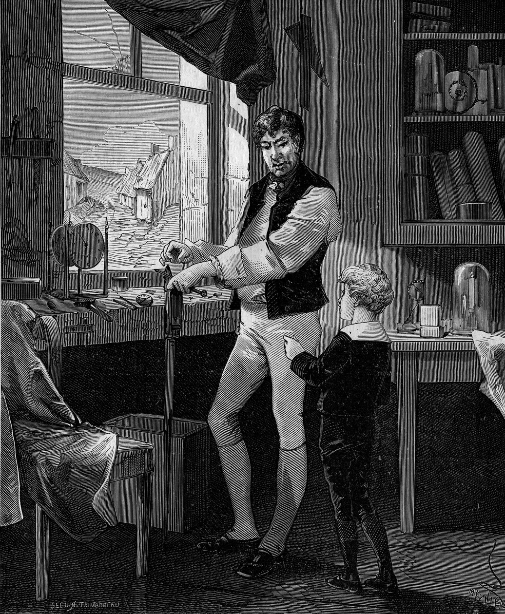 George Stephenson, britský inženýr (1781-1848) se svým synem. od French School