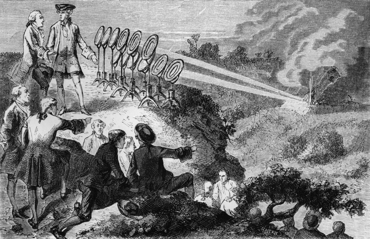 Georges-Louis Leclerc (1707-88) hrabě de Buffon experimentující s planoucími zrcadly na kupkách sena na Montbardu, z La Vie des Savants Illustres od Louise Figuiera, publikované v Paříži v roce 1872 (bw p od French School