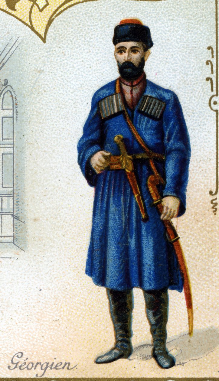 Gruzínský muž. Edice pařížská litografie, konec 19. století. Série 25 reklamních chromů pro dijonskou výrobnu Biscuits Pernot, vytvořená v roce 1869. Detail postav v tradičním kroji od French School