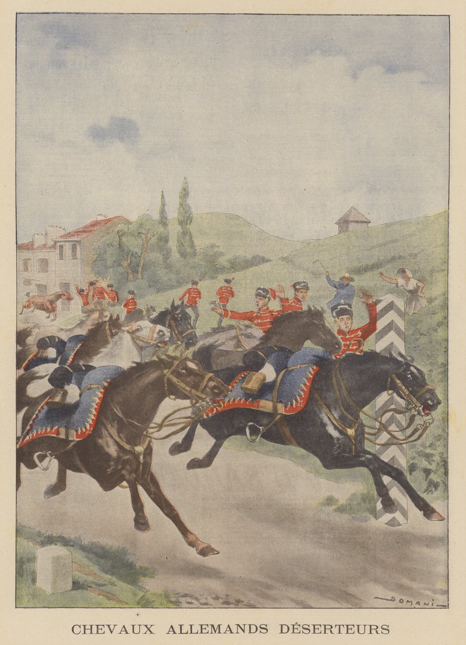 Koně německé armády "dezertovali" přes francouzskou hranici (barevná litografie) od French School
