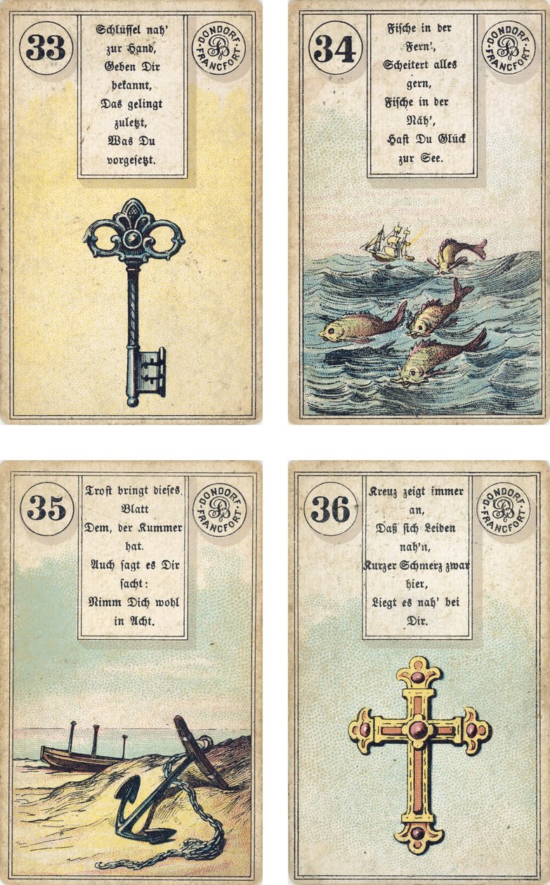 Německé vydání Lenormandské francouzské cartomancy deck: The Key, The Fish, The Anchor, The Cross, vydal Dondorf, Frankfurt, 19. století od French School