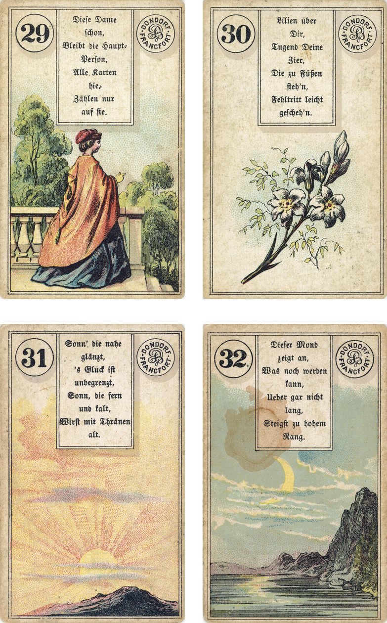 Německé vydání Lenormandské francouzské cartomancy deck: The Lady, The LiliesThe Lily, The Sun, The Moon, vydal Dondorf, Frankfurt, 19th Century od French School