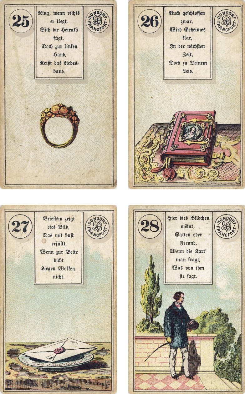 Německé vydání Lenormandské francouzské cartomancy deck: The Ring, The Book, The Letter, The Gentleman, vydal Dondorf, Frankfurt, 19. století od French School