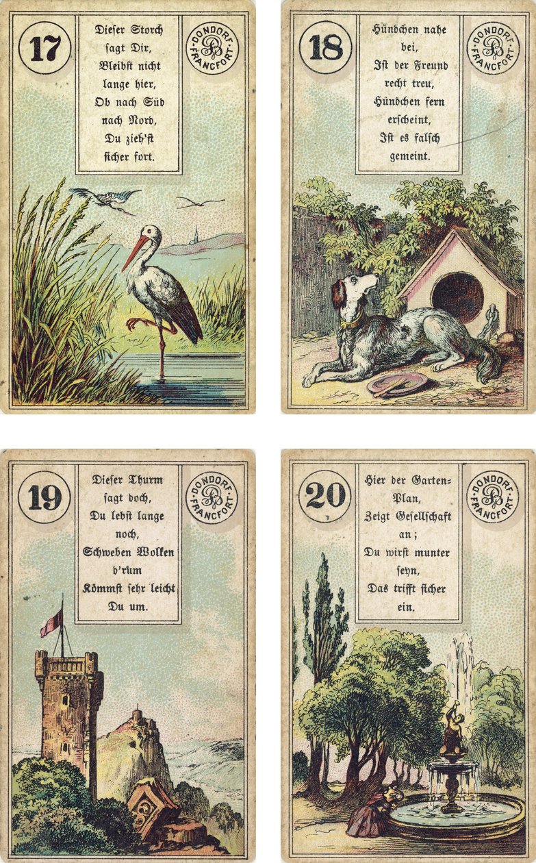 Německé vydání Lenormandské francouzské cartomancy paluby: Čáp, Pes, Věž, Zahrada, vydal Dondorf, Frankfurt, 19. století od French School