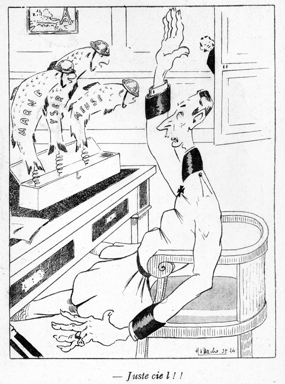 Německý důstojník dostává tři dubnové ryby, karikatura z vydání časopisu La Baionette z Aprílového dne (Poisson dAvril), 29. března 1917 od French School