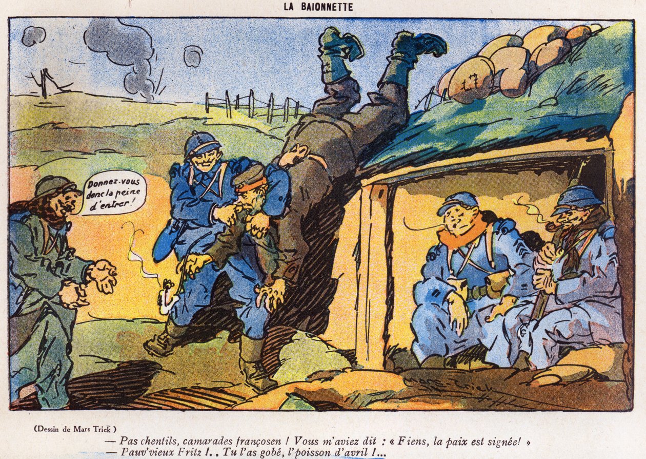Německý voják zajatý francouzskými vojáky v důsledku triku, karikatura z vydání časopisu La Baionette z dubna 1917 (Poisson dAvril), 29. března 1917 od French School