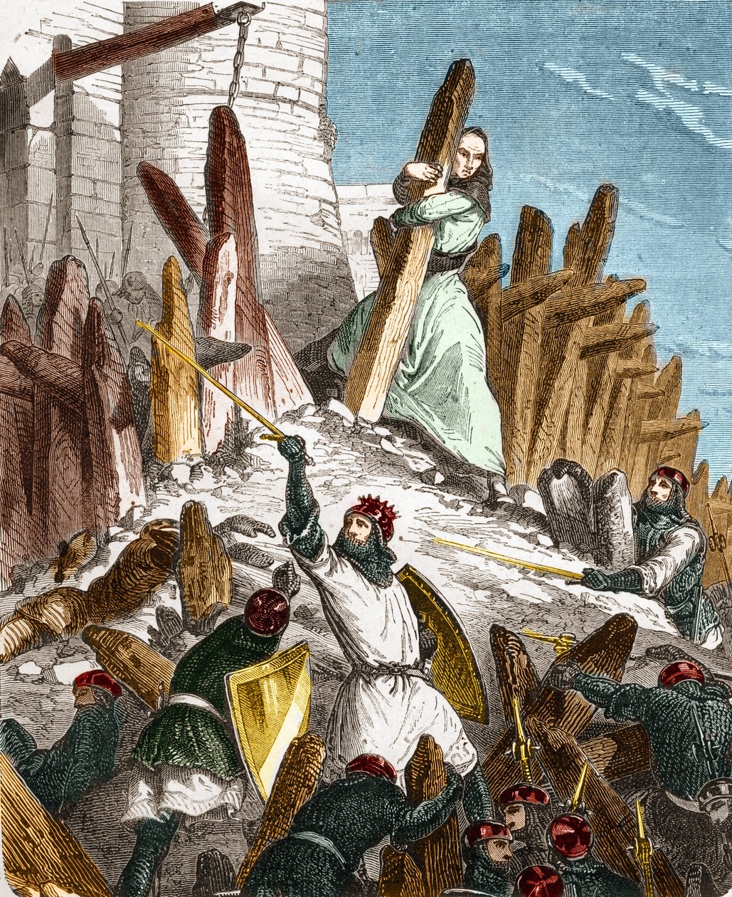 Geurre proti Hugues du Puiset od Louis le Gros: Útok na Chateau du Puiset (nacházející se v departementu Eure-et-Loir) silami francouzského krále LOUIS VI le Gros v roce 1118. Rytina v „Histoire De France En Sto obrazů od Paula Lehugeura od French School