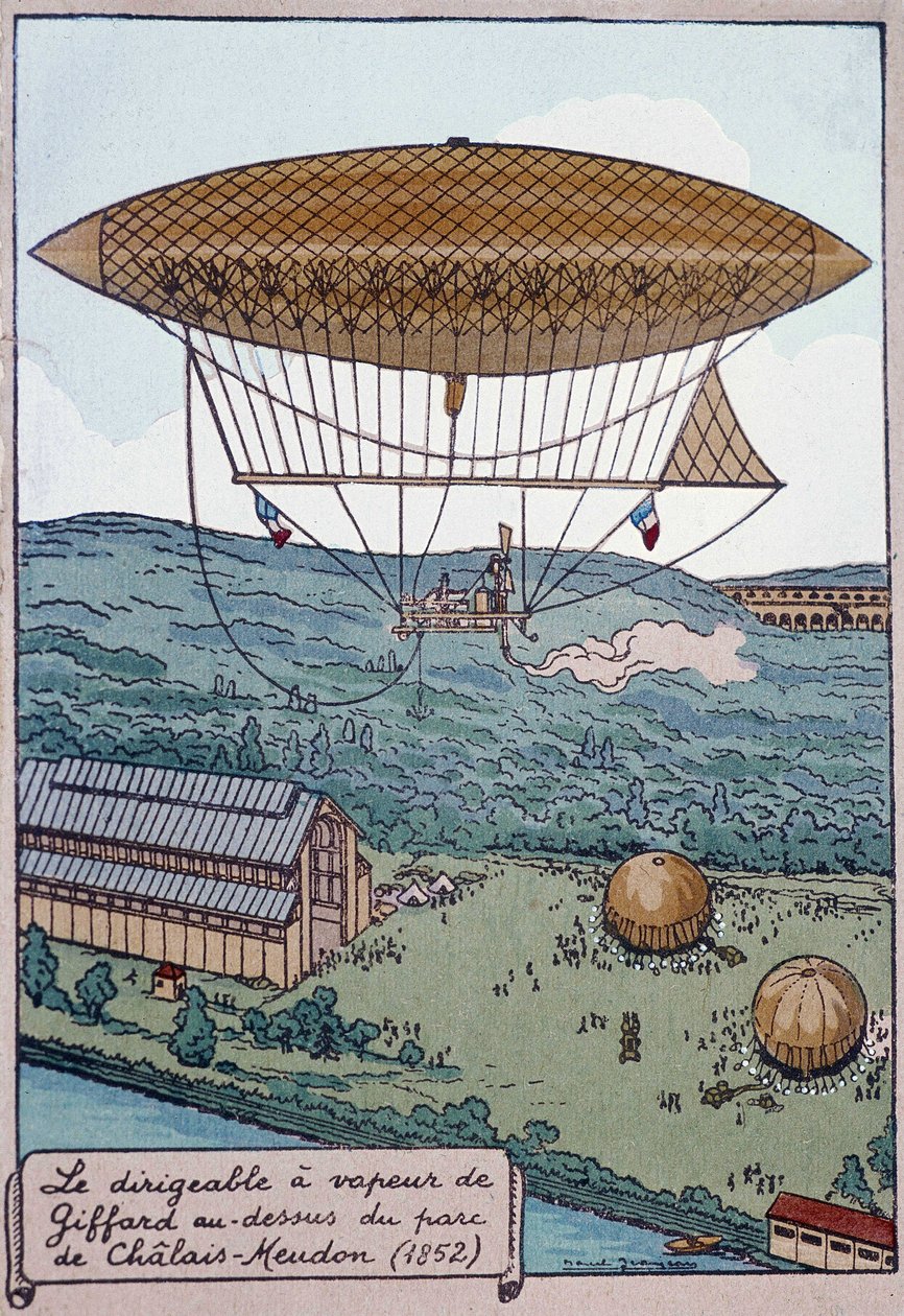 Giffardův vzduchový parní aerostat nad parkem Chalais od French School
