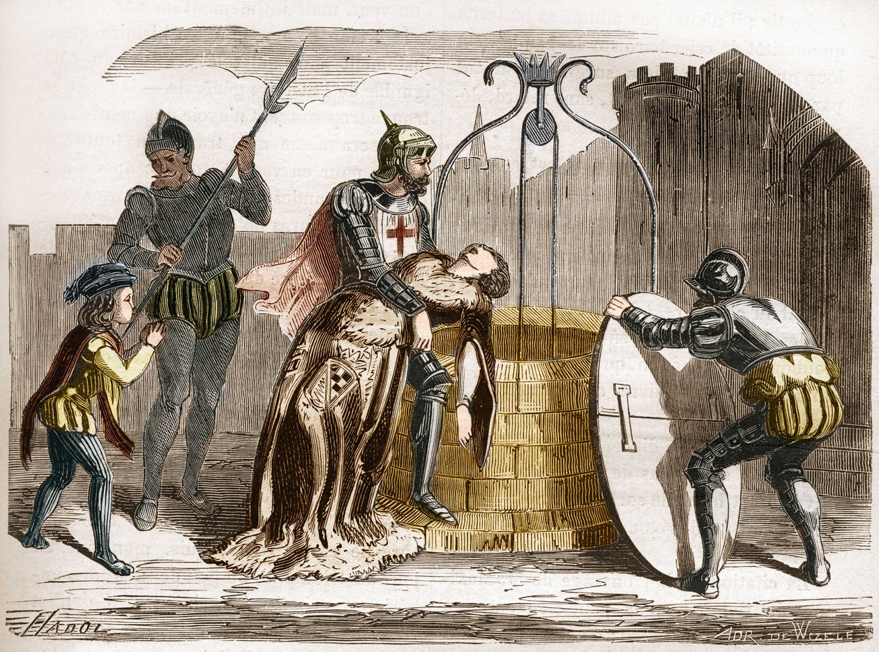 Gilles de Rais (Retz nebo Rays) (1404-1440), marechal z Francie dělá svou ženu perir. Rytina do „Historie prostituce a zhýralosti mezi všemi národy světa od starověku po současnost“ od Dr. Th. -F. Debray. 1879. od French School