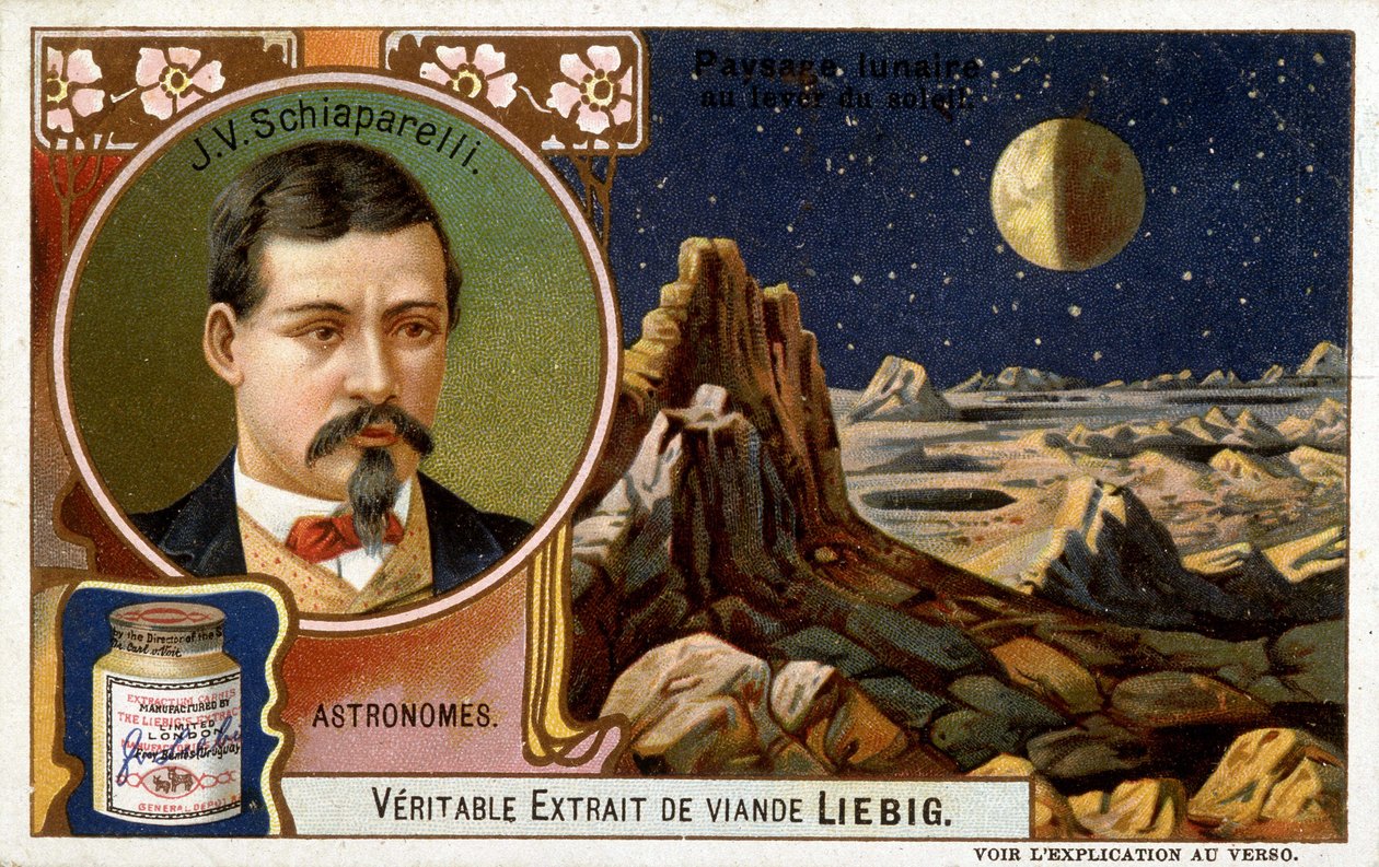 Giovanni Virginio Schiaparelli (1835-1910), italský astronom a měsíční krajinář - chromolitografie Liébig, kolem roku 1900 od French School