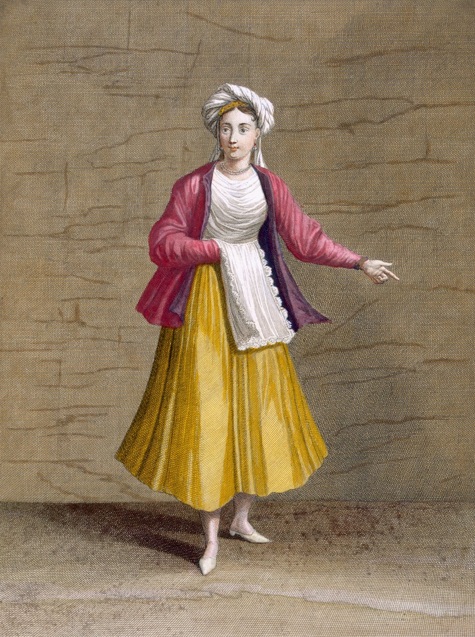 Dívka ze St. John of Patmos, ze sbírky jednoho sta tisků představujících různé národy Levanty od Charlese de Ferriola, ryl Gerard Scotin (1671-1716), 1707-08 (kolor. od French School