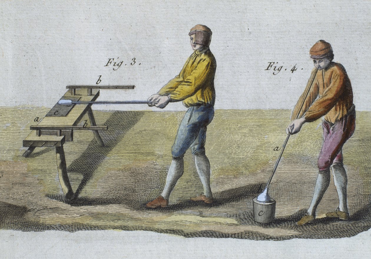 Foukání skla, detail, ilustrace z Encyclopedie des Sciences et Metiers od Denise Diderota (1713-84) rytina Roberta Benarda (fl.1734) vydaná kolem roku 1770 (barevná rytina) (viz také 326118) od French School