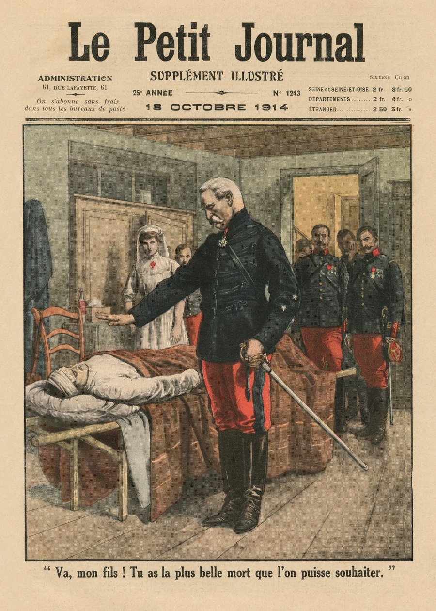 Jdi, synu, máš tu nejkrásnější smrt, než si člověk může přát, ilustrace přední obálky z Le Petit Journal, příloha ilustrovaná, 18. října 1914 od French School