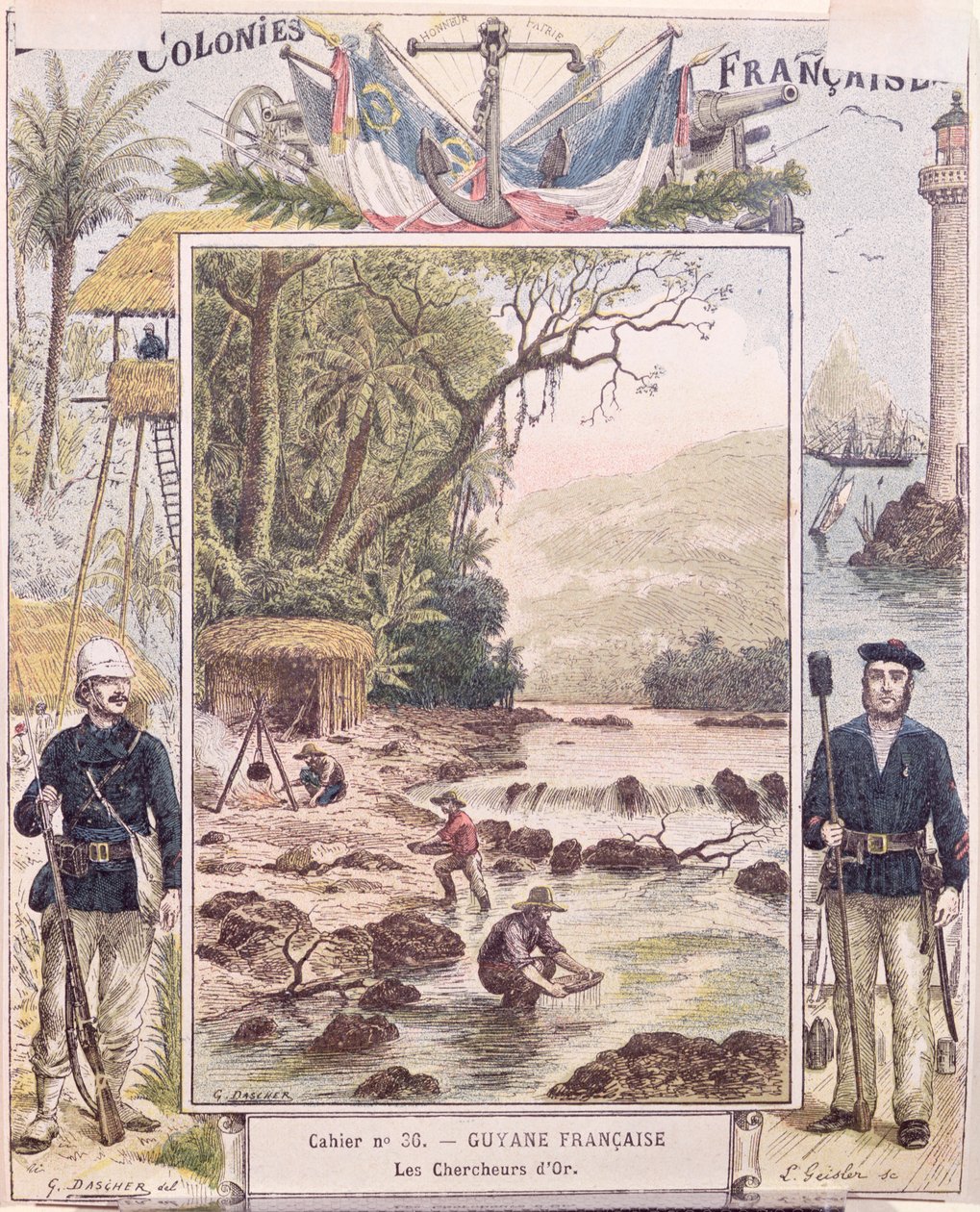 Zlatokopové ve Francouzské Guyaně, obálka školního sešitu, kolem roku 1880 od French School