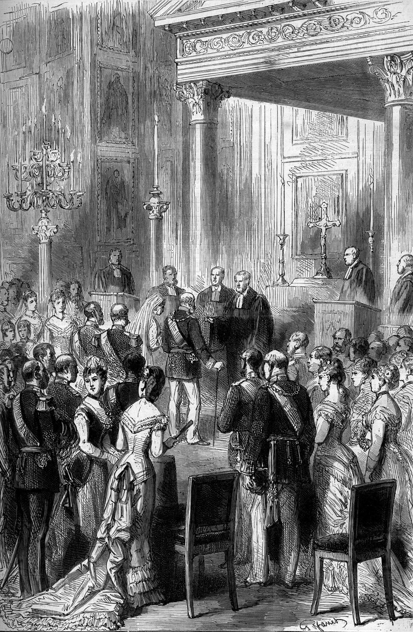 Zlatá svatba německého císaře Viléma I. (1797-1888) a impressa Augusty (1811-1890): Náboženský obřad v kapli císařského paláce v Berlíně, červen 1879. Rytina „“ Le Monde Illustré““ č. 1162 z července 5 od French School