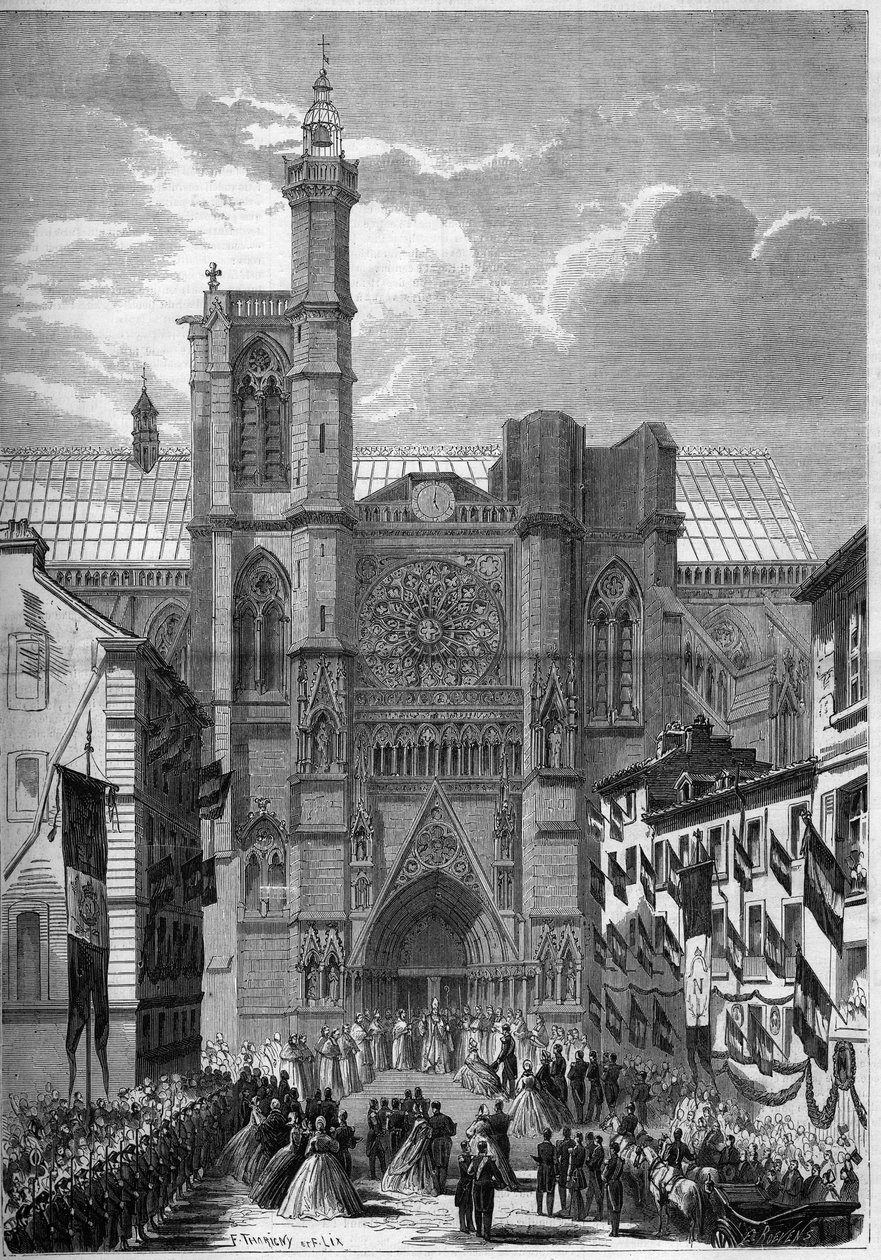 Gotická architektura: pohled na Cathedrale Notre Dame de Clermont Ferrand (Clermond-Ferrand), Puy de Dome (63), během návštěvy Napoleona III. a Impressa Eugenie de Montijo v roce 1862. Rytina „“ Le Monde Illustré““ n °275 ze dne 19. července 1862. od French School