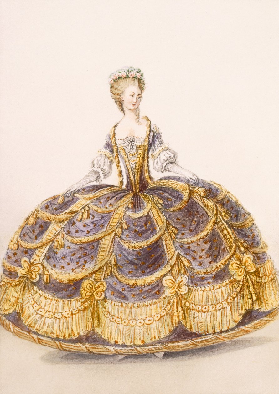 Šaty vhodné pro prezentaci u soudu, deska z Galeries des Modes et Costumes Francais, c.1778-87 99:oděvy; tradiční oděv; tradiční kroj; móda; ilustrace; od French School