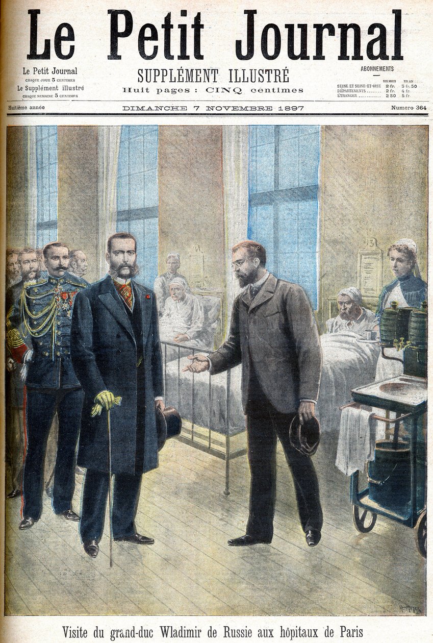 Velkokníže Vladimir Alexandrovič z Ruska (Vladimir Alexandrovič z Ruska) na návštěvě pařížských nemocnic - ilustrace pro Le Petit Journal, 7. listopadu 1897 (rytina) od French School