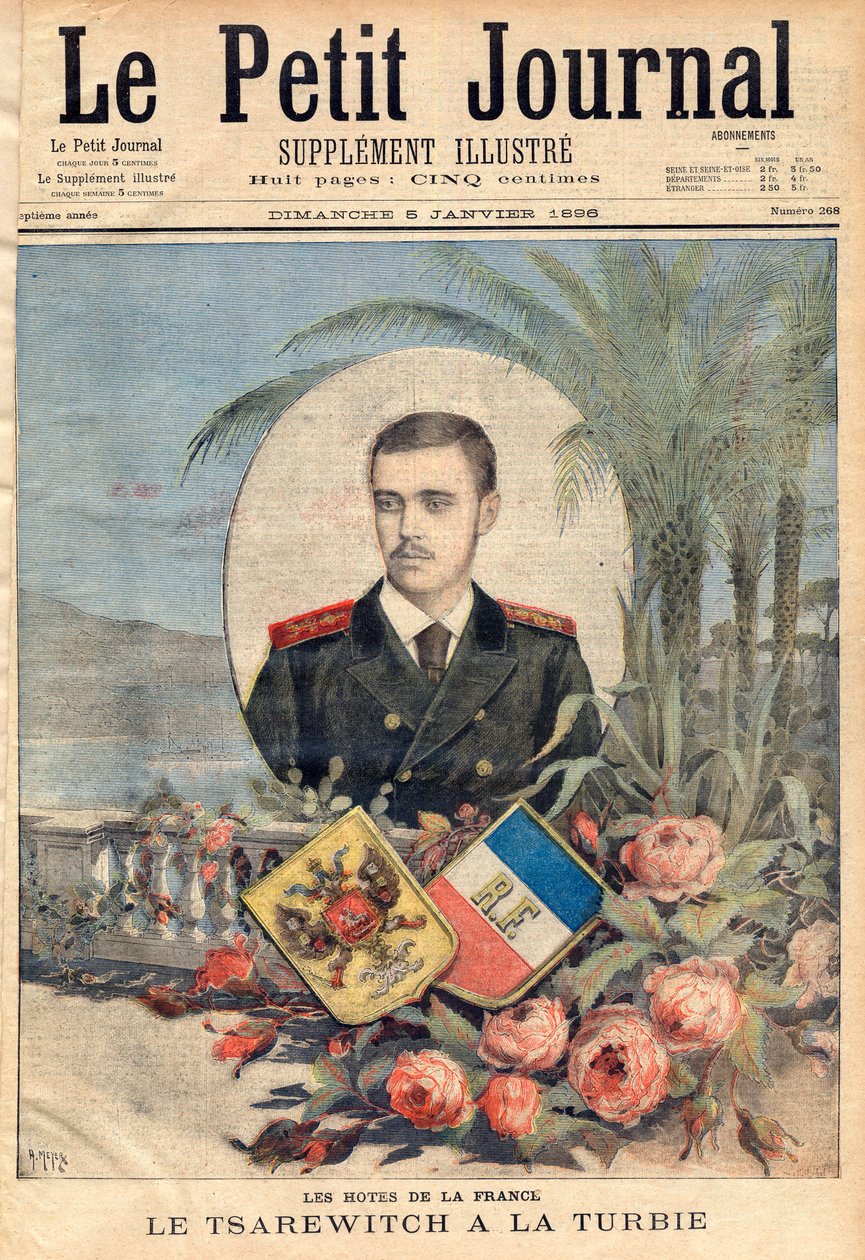 Velkovévoda a ruský carevič George Alexandrovič, bratr cara Mikuláše II. na návštěvě La Turbie ve Francii, "le Petit Journal", 5. ledna 1896 (rytina) od French School
