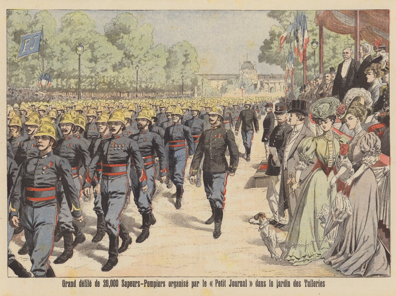 Velký průvod 20 000 hasičů přes Jardin des Tuileries v Paříži (barevná litografie) od French School