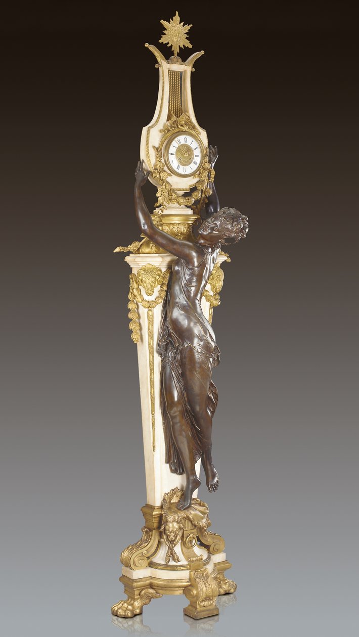 Grande Horloge, důležité a monumentální podstavcové hodiny, navržené Fredericem Piatem a provedené Maison Millet, Paříž, kolem roku 1890 (ormolu patinovaný bronz a kararský mramor) (viz také 362833) od French School