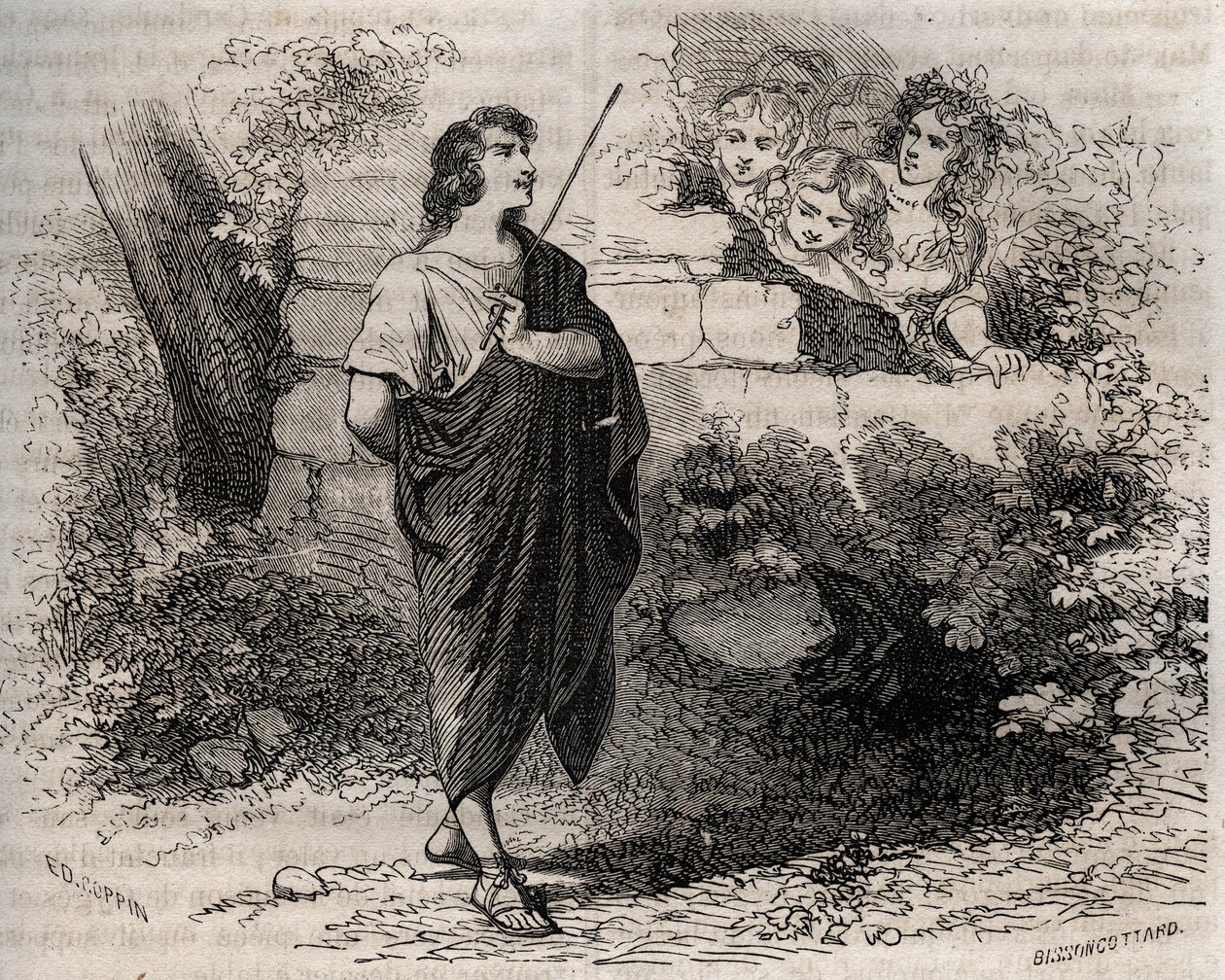 Řecká mytologie: Bacchis a jeho přátelé se snaží svést Gygese, který odmítá a zůstává věrný své zesnulé ženě. Rytina z roku 1871 v „Histoire Des Cocuses Celebres““ od Henryho de Kocka (1819-1892). od French School