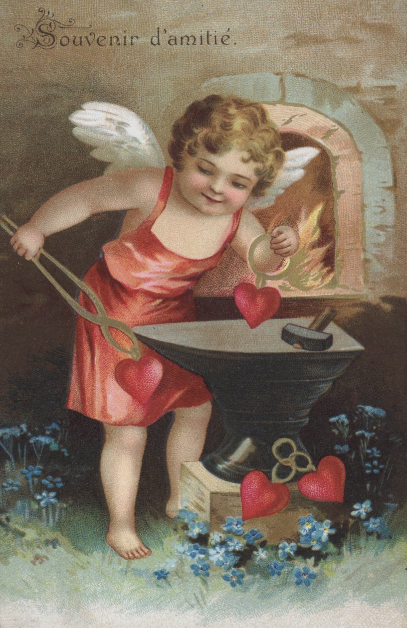 Přáníčko s cherubínem, který v kovárně vytváří žetony přátelství (chromolit) od French School