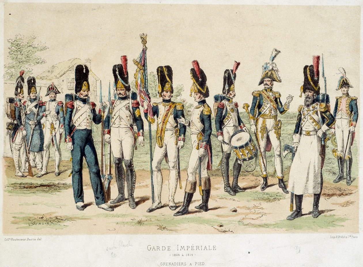 Granátníci noha císařské gardy Napoleona I. (mezi lety 1804 a 1814). 19. století rytina. Paříž, dekorativní umění od French School