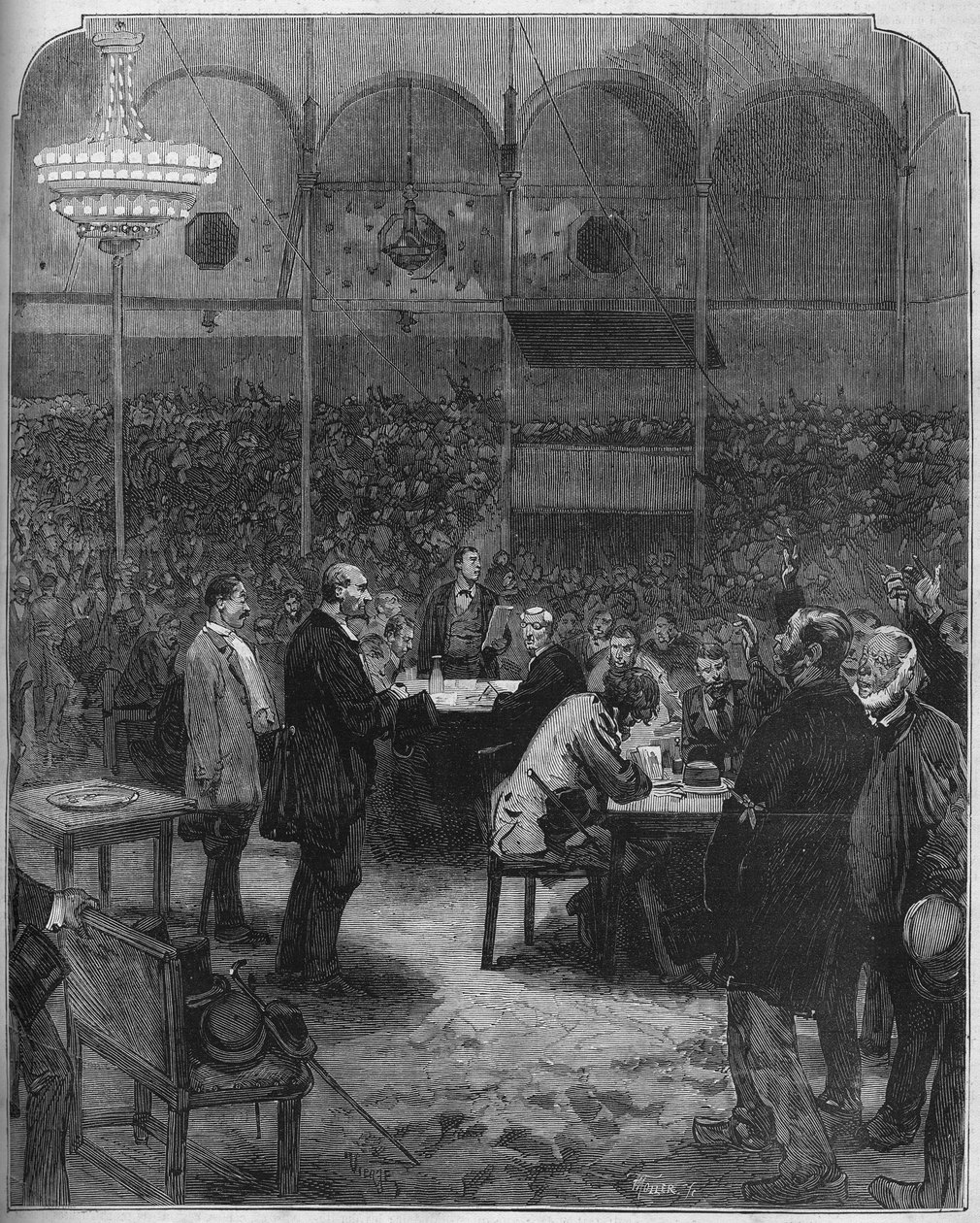 Greve des cochers de charres de Paris v roce 1878: volba delegátů do společnosti Petites Cars (Petite-Cars) v cirkusu Fernando. Rytina v „“ Le Monde Illustré““ č. 1116 ze 17. srpna 1878. od French School