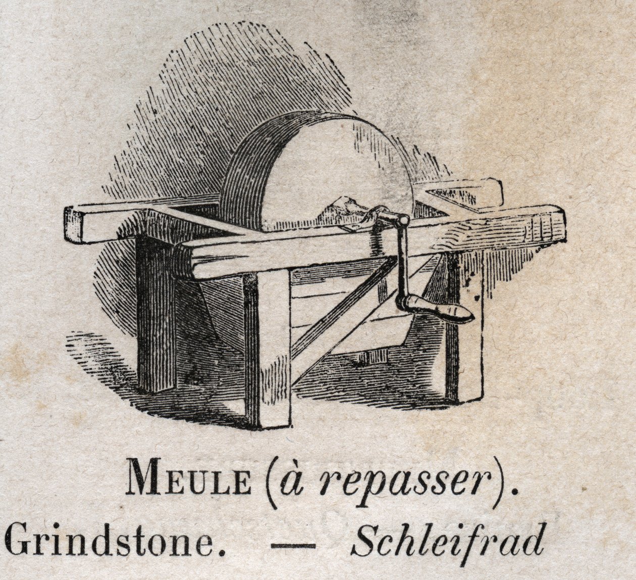 Grindstone v „“slovní zásobě ilustruje běžná slova““ od Armanda Le-Bruna. 1890 od French School
