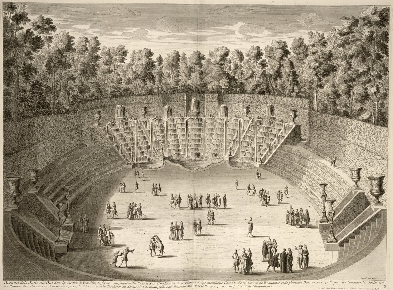 Háj Salle du Bal, Versailles, z Les Plans, Profiles et Elevations des Ville et Chateau de Versailles, rytý Lucas, publikováno kolem roku 1715 od French School