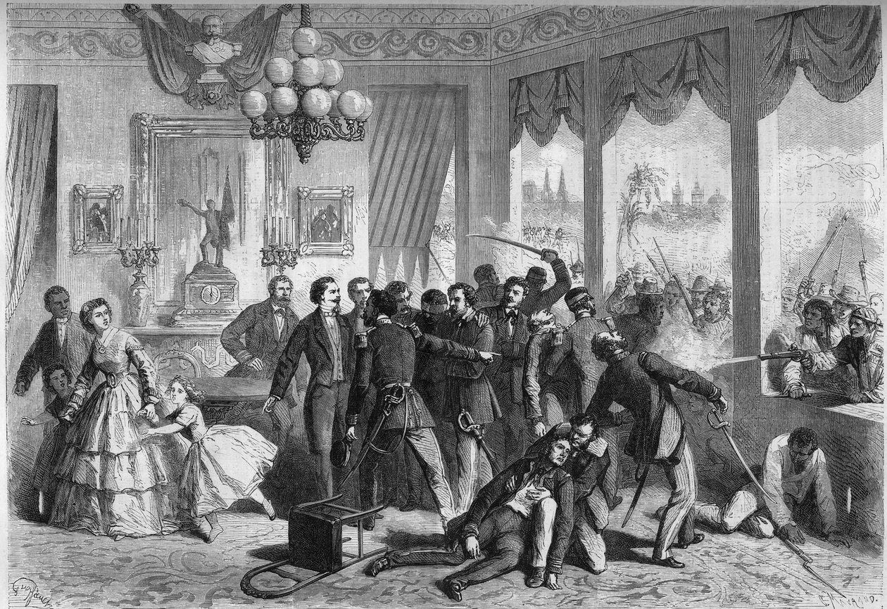 Jihoamerická španělská válka – Lima (Peru) – 5. února 1865: Španělé zranění a pronásledovaní obyvatelstvem města se uchýlí do francouzského vyslanectví. Rytina v ""Le Monde Illustre"" č. 421 ze 6. května 1865. od French School