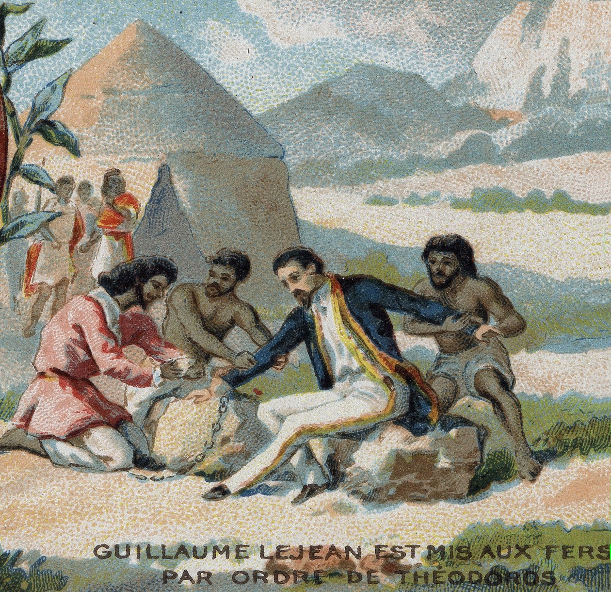 Guillaume Lejean, francouzský průzkumník, byl uveden do okovů na příkaz císaře Theodora Habešského (dnešní Etiopie). Chromolitografie 19. století. od French School
