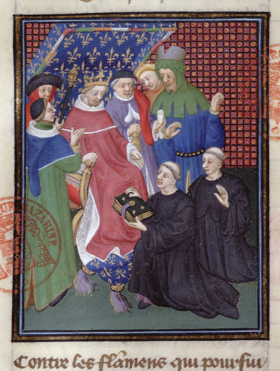 Guillaume de Nangis († 1300 nebo 1303) představuje svou knihu Filipu IV. le Belovi, francouzskému králi v letech 1285-1314 (vellum) (detail 239257) od French School