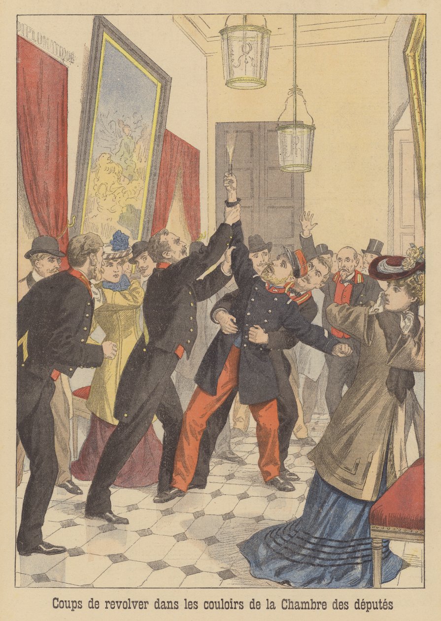 Výstřely na chodbách francouzské Poslanecké sněmovny (barevná litografie) od French School