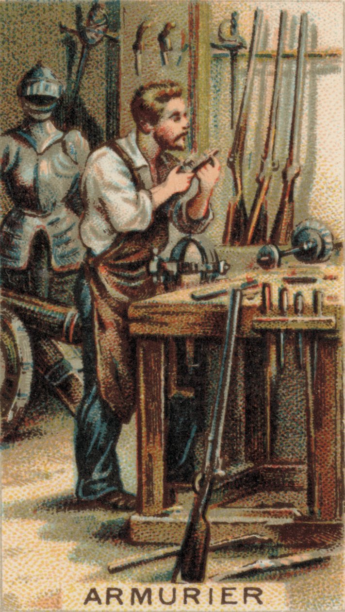 Pistolník při práci ve své dílně (chromolit) od French School