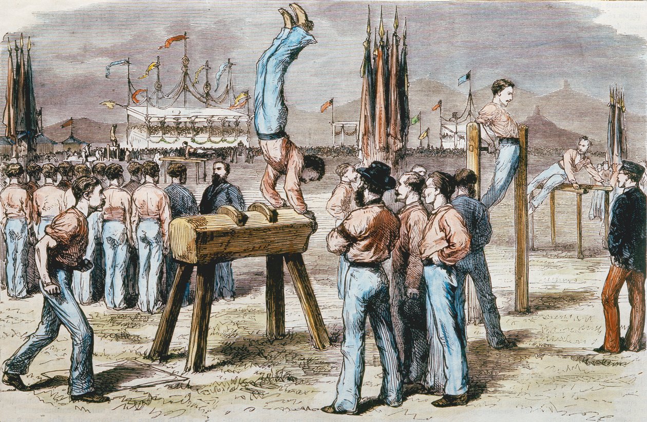 Gymnastické závody, 1876 (barevná rytina) od French School