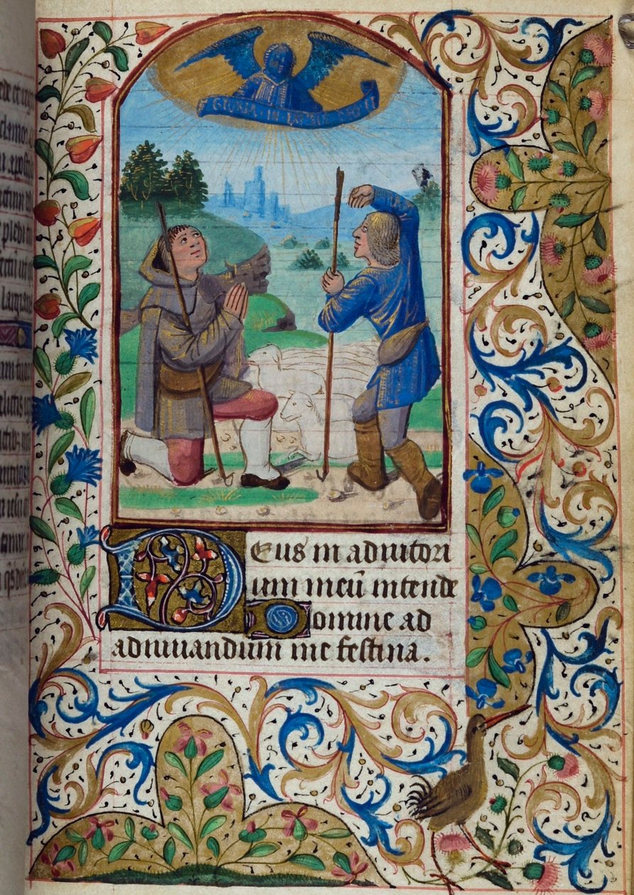 H/L-3-3 fol. 62r Zvěstování pastýřům, z Knihy hodin, Použití Paříže, polovina 15. století od French School