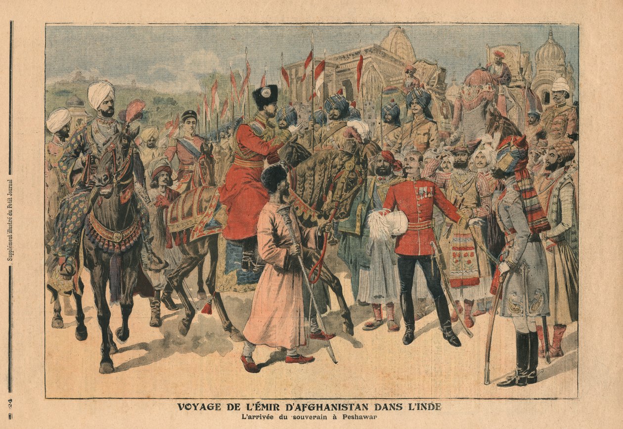 Habibullah Kahn (1872-1919) emír Afghánistánu přijíždějící do Péšávaru, Indie, ilustrace z 