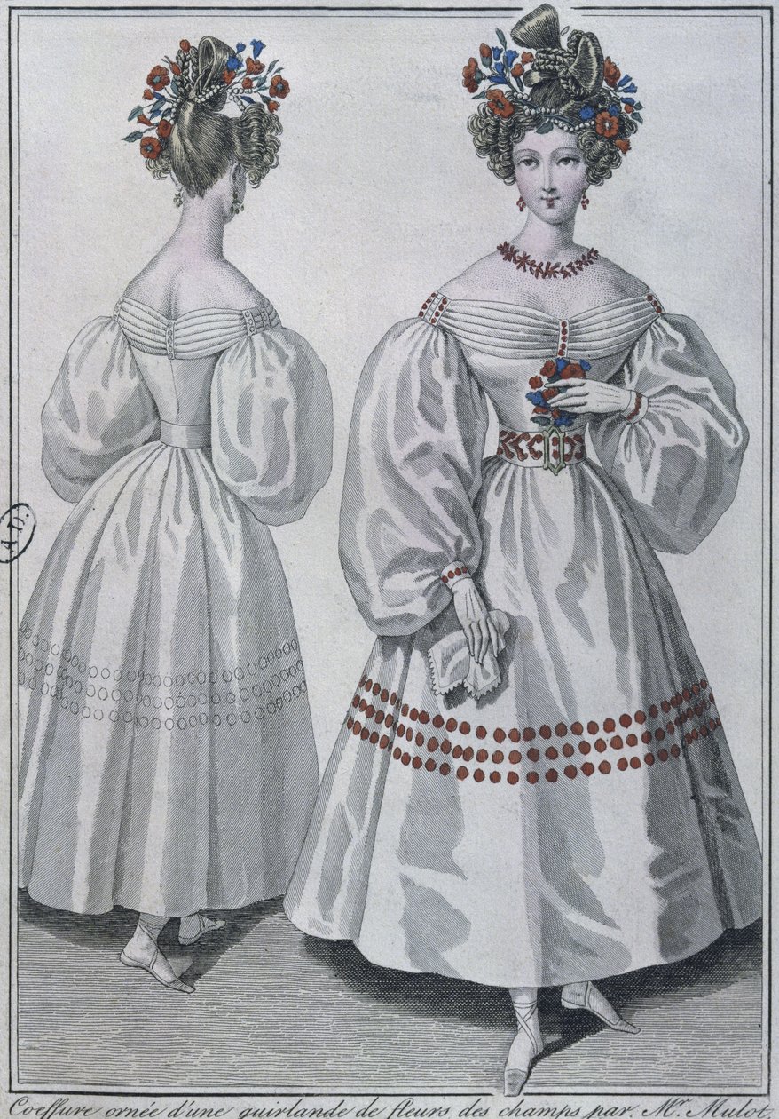 Účes s girlandou z divokých květin, Paříž, 1829 (barevná rytina) od French School
