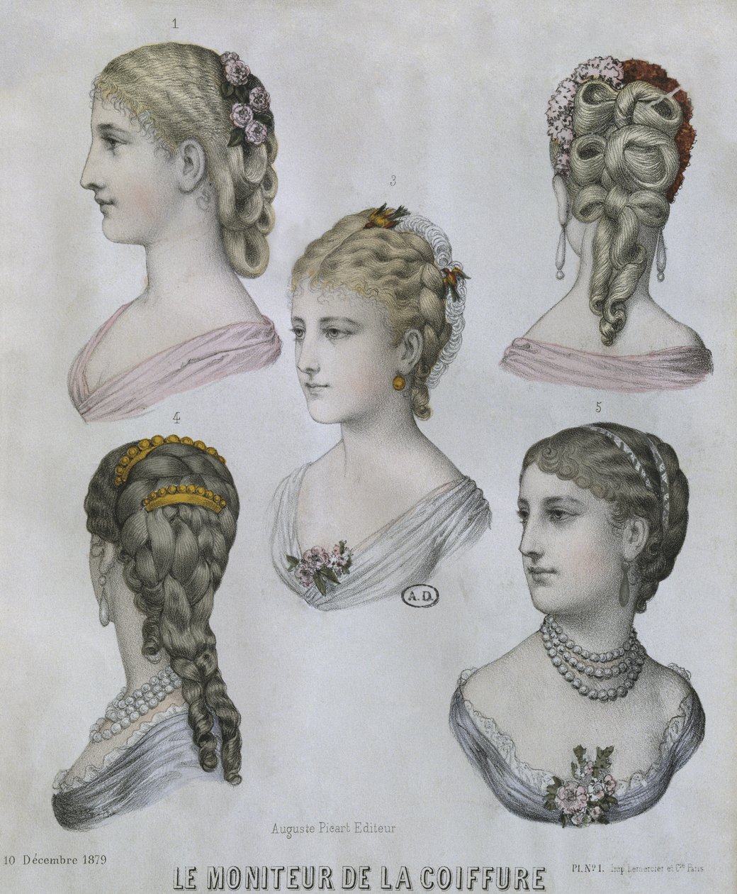 Účesy, ilustrace z Le Moniteur de la Coiffure, 10. prosince 1879 (barevná rytina) od French School