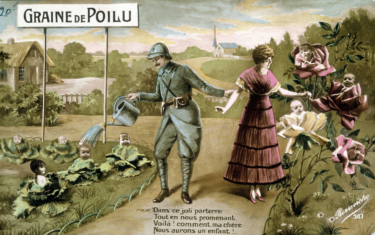 Chlupaté semínko: V této krásné podlaze Zatímco chodíme, tady máš! jak my milí budeme mít dítě - Pohlednice při narození, v. 1914 od French School