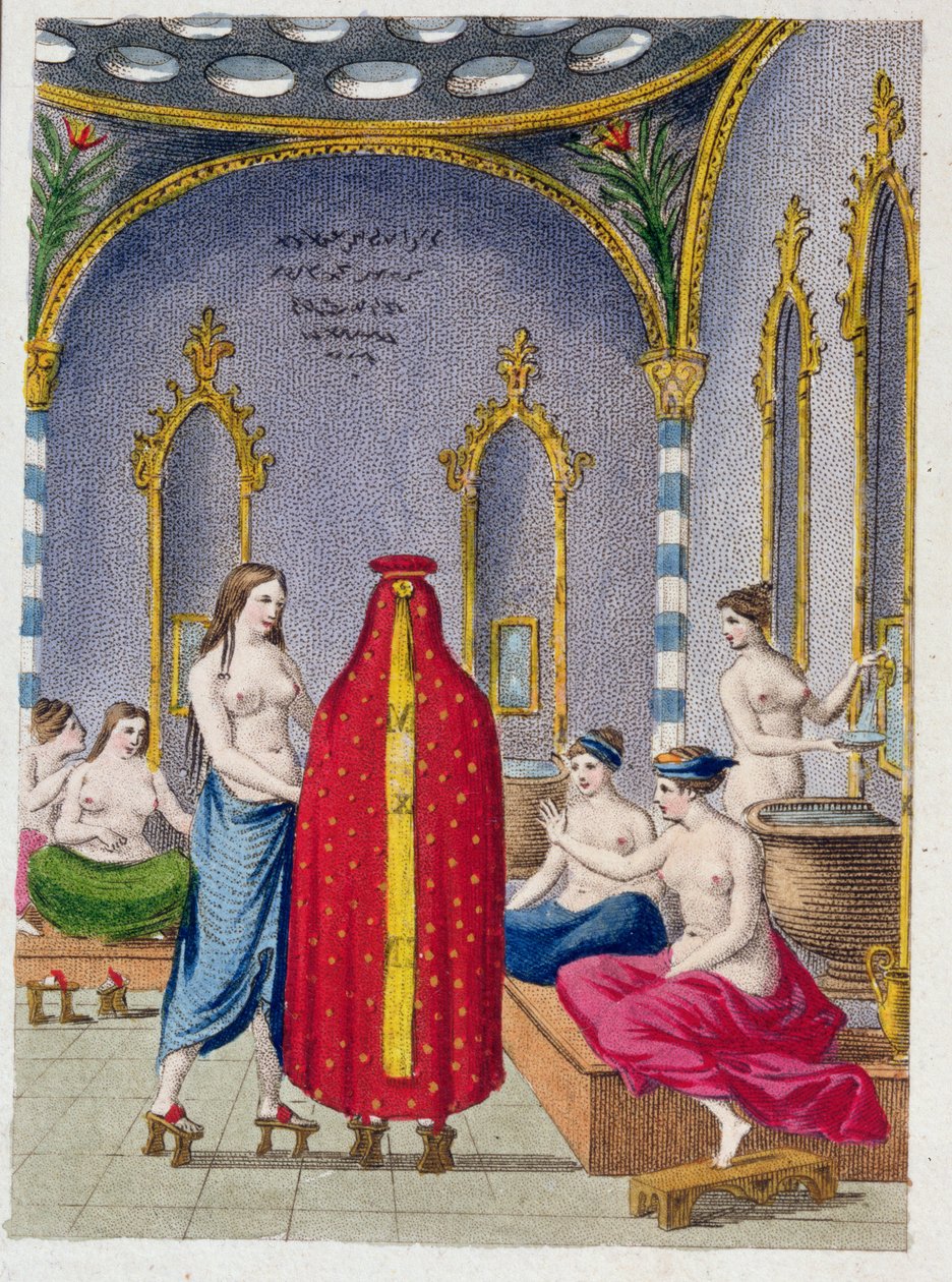 Hammam v Turecku, ilustrovaná deska z Moeurs, použití a kostýmy osmanské od A. Castellana, Paříž, kolem roku 1810 od French School