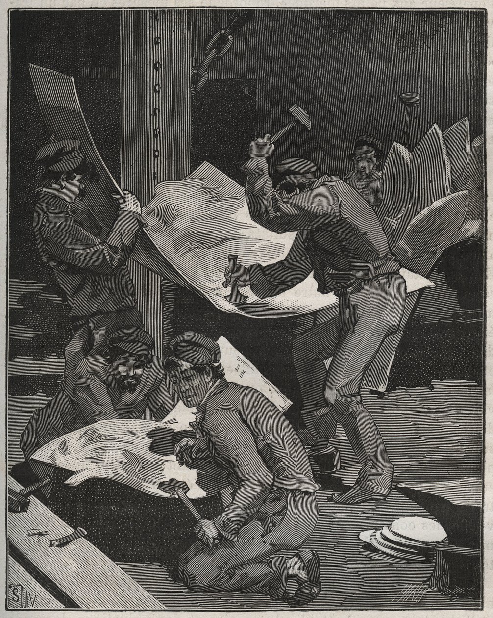 Zatloukání a skládání kusů Sochy Svobody od Frederica Auguste Bartholdiho (1834-1905). Rytina z roku 1880 v „“Les arts et metiers illustres““ od Adolphe BITARDA. od French School